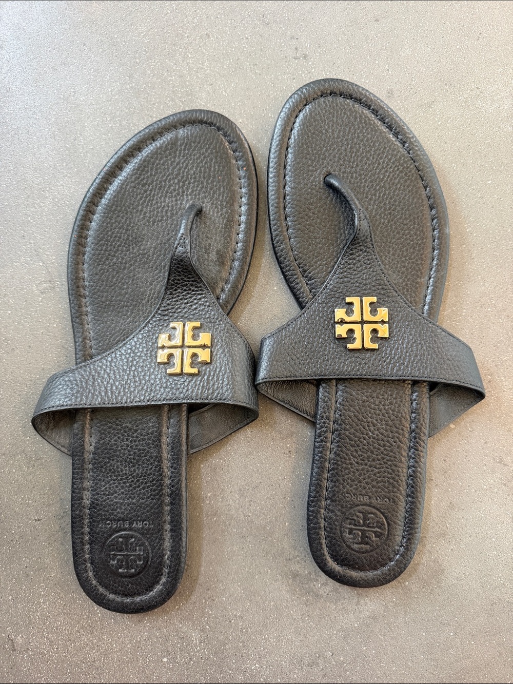 Tory Burch Black Leather Slide Sandals with Gold Logo Medallion 10.5